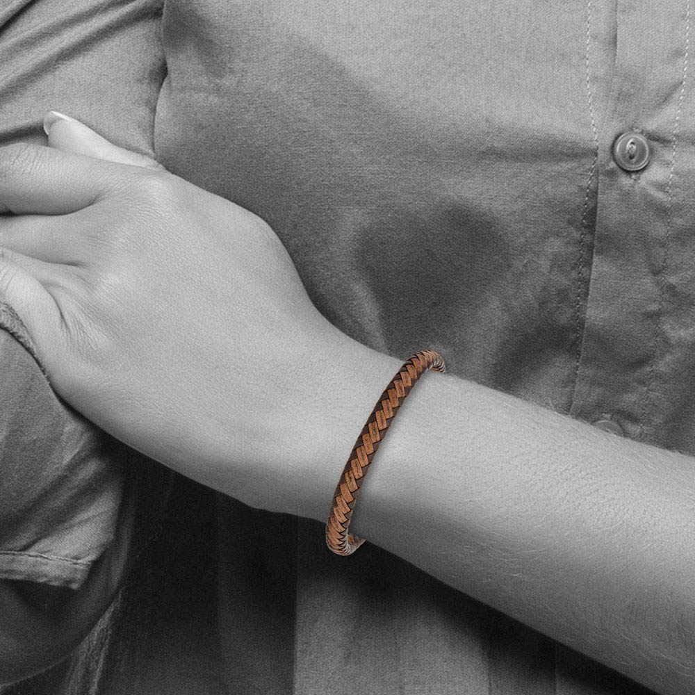 7mm Stainless Steel & Two Tone Braided Leather Bracelet  7mm Stainless Steel & Two Tone Brown Braided Leather Bracelet, 8.25 In main image 2