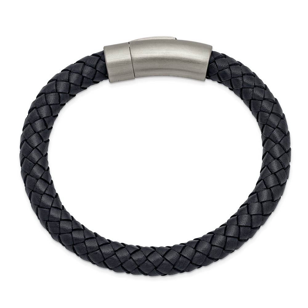 Primal Steel Stainless Steel Brushed Brown Leather 8.25 Inch  7.8mm Stainless Steel Dark Brown Braided Leather Bracelet, 8.25 Inch display picture 1