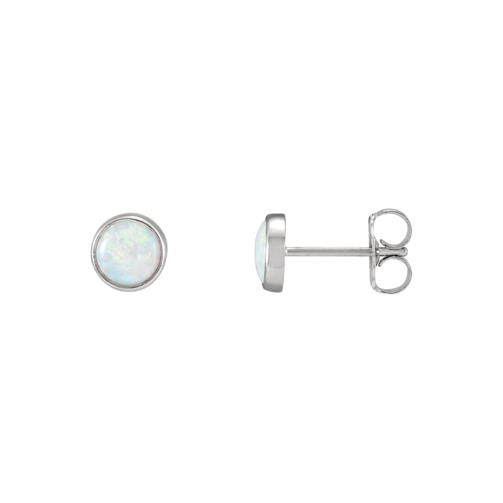 5mm White Opal Cabochon Stud Earrings in 14k White Gold