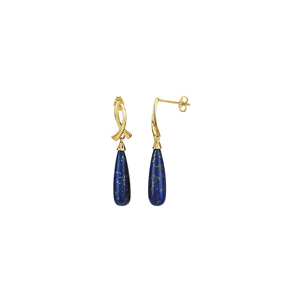 14k Yellow Gold Awareness Ribbon &amp; Lapis Teardrop Dangle Post Earrings