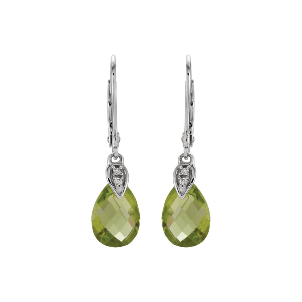 Peridot Briolette &amp; Diamond Lever Back Earrings in 14k White Gold