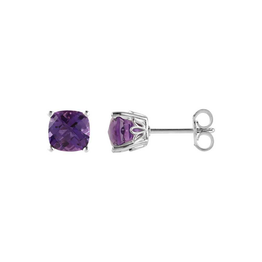 6mm Cushion Amethyst Stud Earrings in 14k White Gold