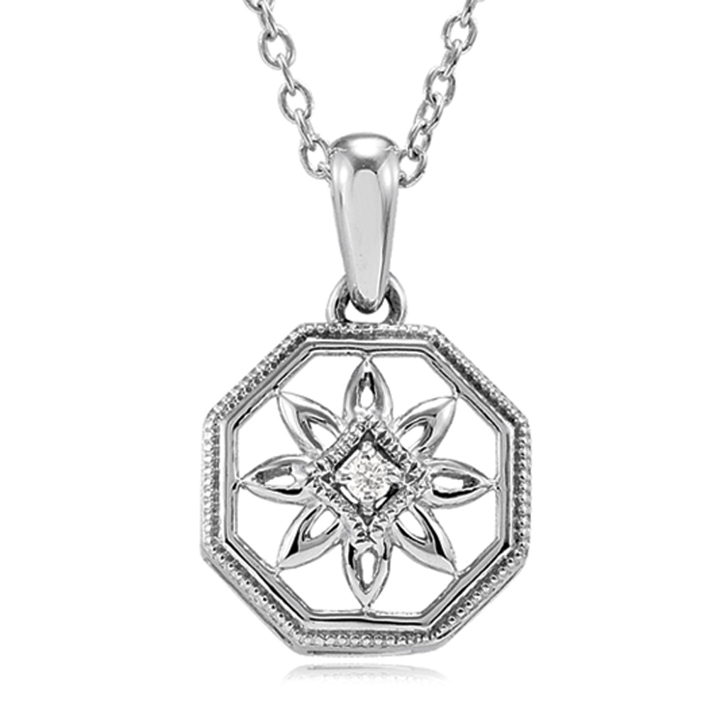 Vintage Style Diamond Octagon Necklace in Sterling Silver