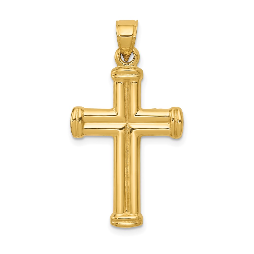 Men&#039;s 14k Yellow Gold Hollow 3D Grooved Cross Pendant, 18 x 34mm