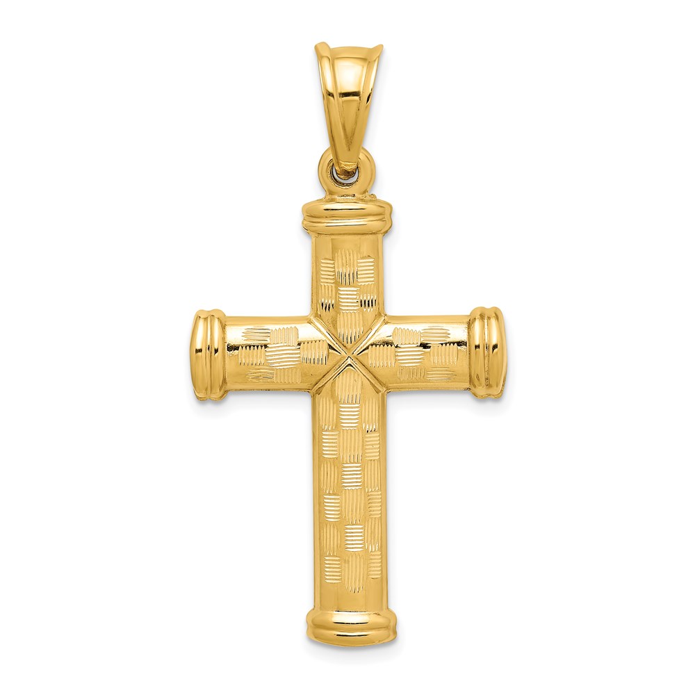 Mens 14k Yellow Gold Hollow Reversible Textured Cross Pendant, 23x45mm