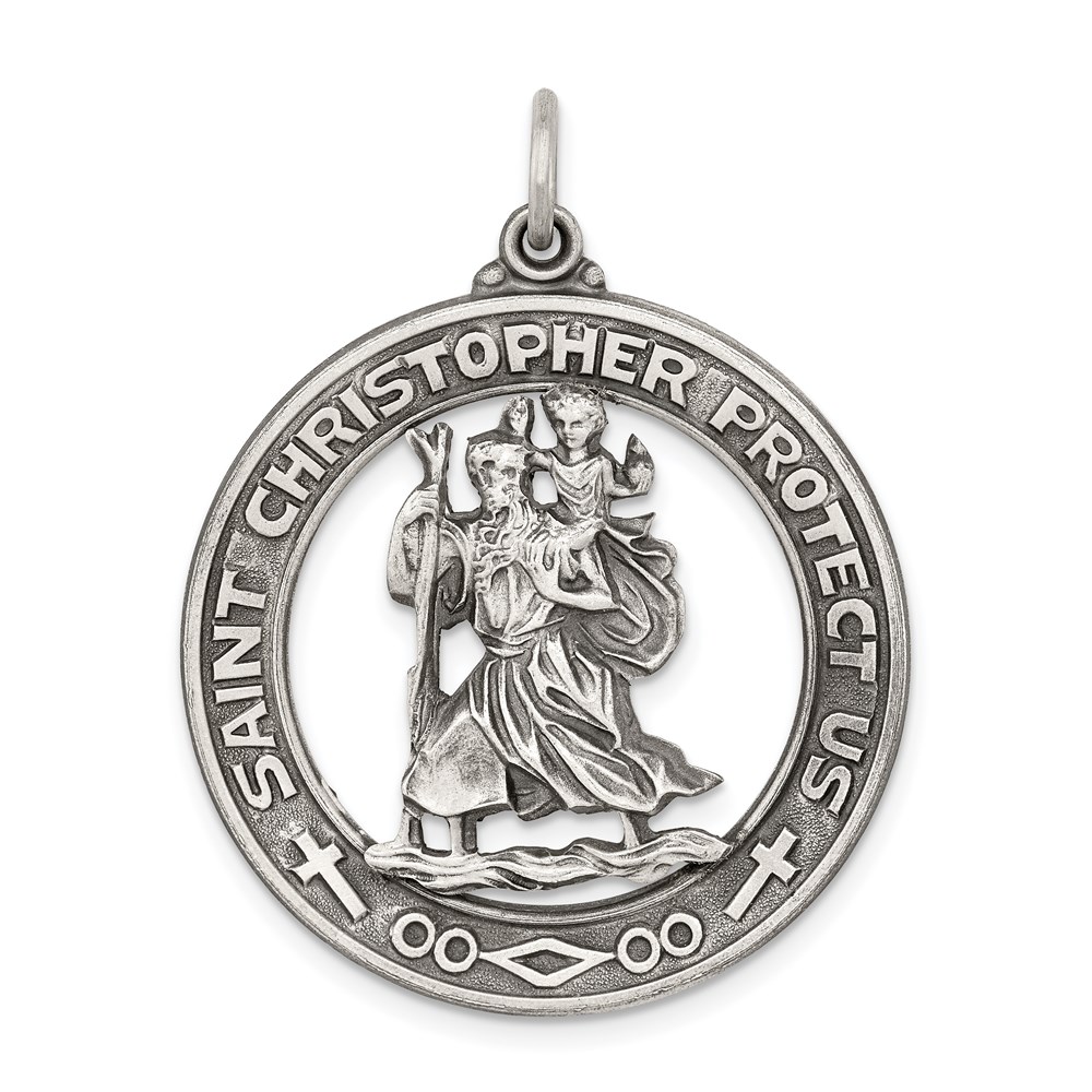 Sterling Silver Round St. Christopher Medal Pendant, 29mm (1 1/8 Inch)